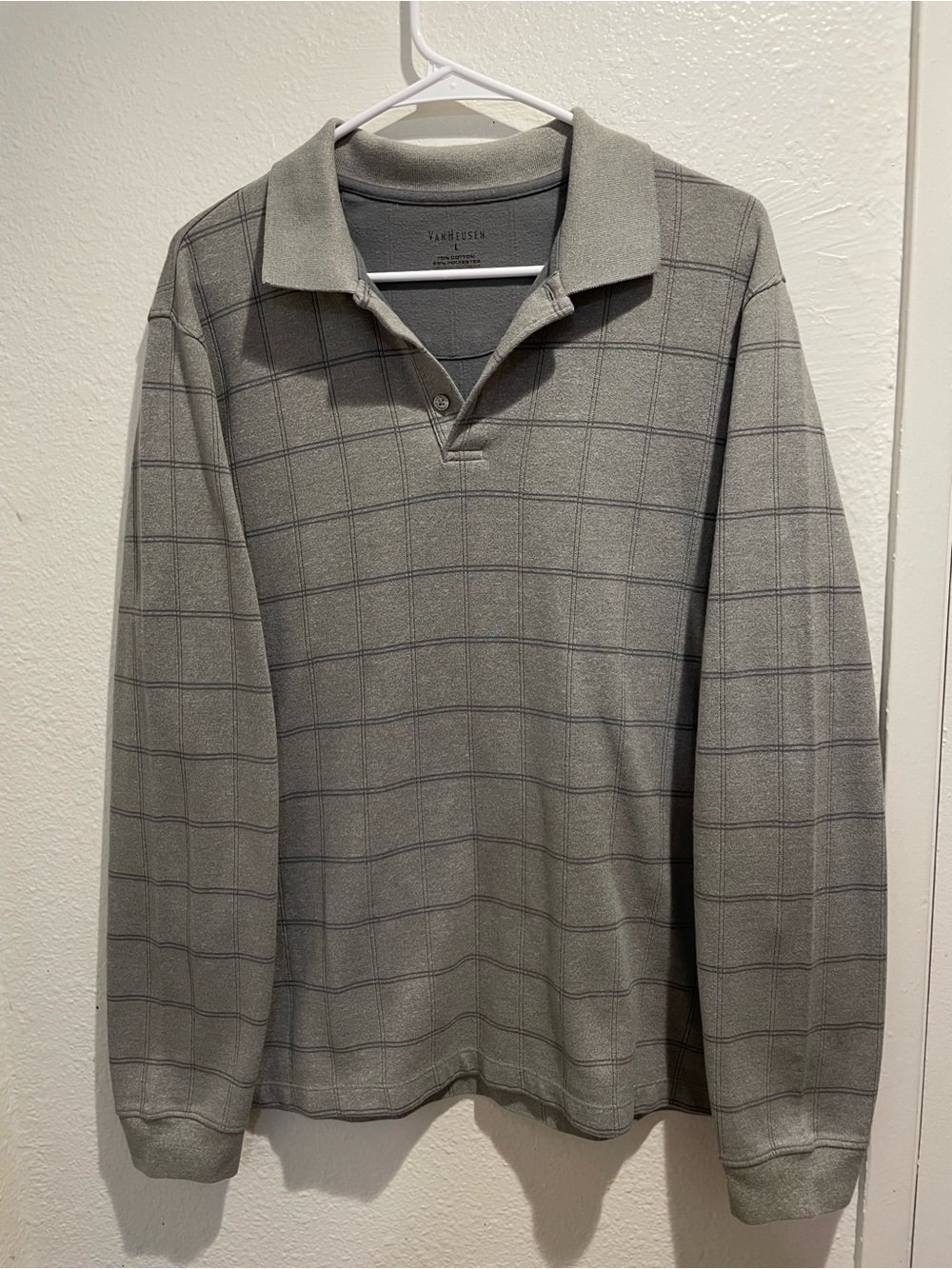 🌟 Van Heusen Flex Long Sleeve Jaspé Windowpane Polo Shirt Gray L